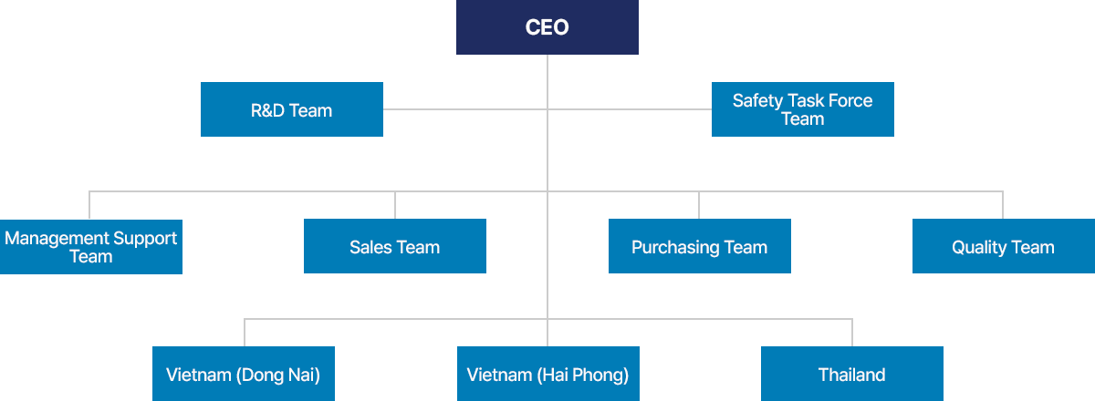 CEO, R&D Team, Safety Task Force Team, Management Support Team, Sales Team, Purchasing Team, Quality Team, Vietnam (Dong Nai), Vietnam (Hai Phong), Thailand
